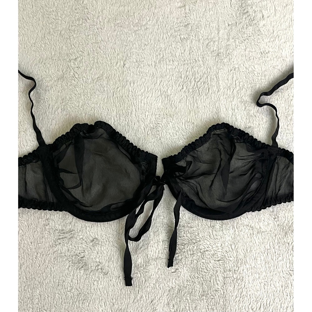 SKIMS Romance 36A Balconette Bra Onyx 100% Silk Sheer Underwire BA-BAL-3679